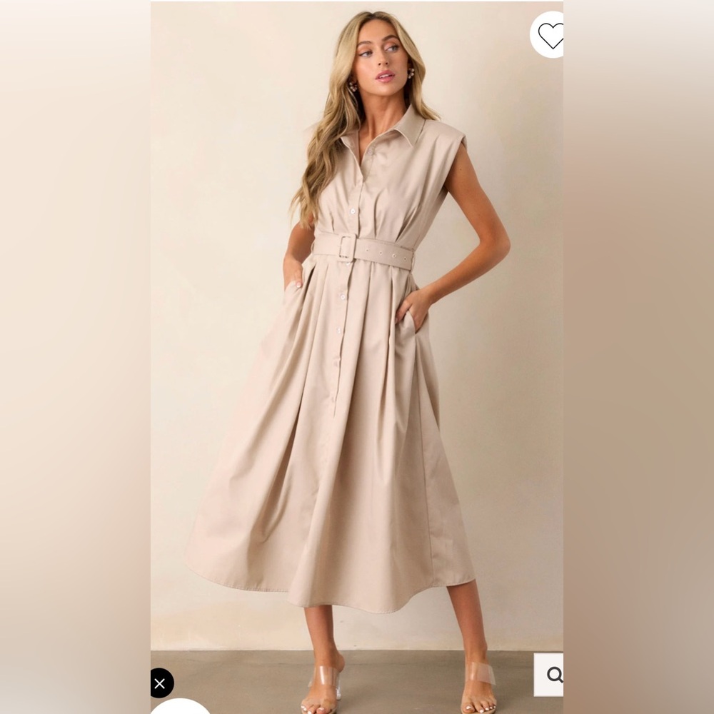 Entro Beige Belted Midi Dress